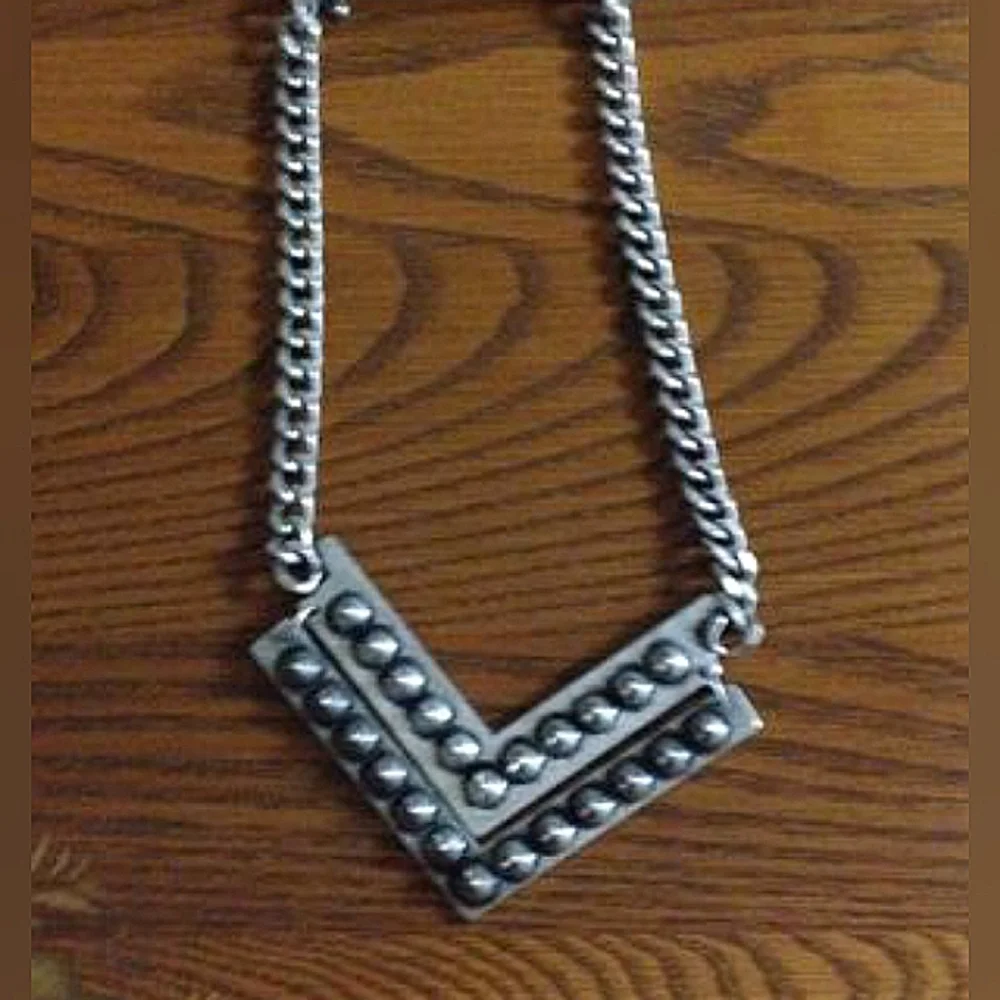 Silver Chain Necklace with Studded V Pendant